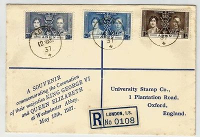 Aden Yemen Unusual King GVI Coronation 1937 FDC sent to England but with 'London - Image 1 of 2