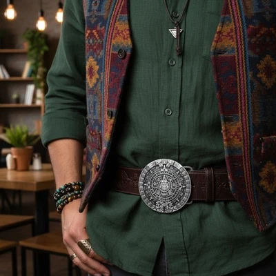 Fibbia In Metallo Vintage Argento Moda Azteca Maya - Immagine 1 di 4