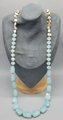 Collar largo con cuentas color aguamarina abulón vidrio ópalo facetado tono dorado N1C Foto 1 de 4
