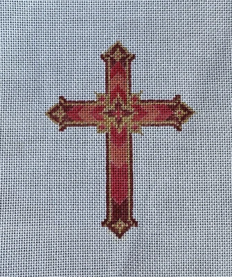 Handpainted Cross Image 5" Tall Needlepoint Fine Pink Rose Burgundy Gold 13 Ct - Image 1 of 4