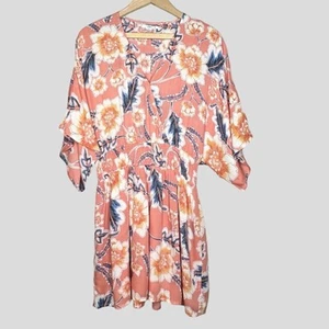 O'Neill Coral Blue Floral Amaze Dress S Kimono Sleeve Smocked Beachy Coastal - Picture 1 of 11