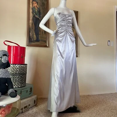 Vestido Vintage Jessica McClintock Plateado Líquido Satén Sin Tirantes Slinky Formal Eva Foto 1 de 4