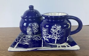 ND China Hand Painted Winter Scene Ceramic Sugar & Creamer Set w/ Tray MINT - Picture 1 of 14