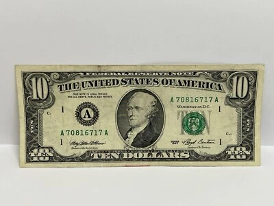 $10 Dollar Bill Note 1993 series Small face Boston A 70816717 A - Image 1 of 2