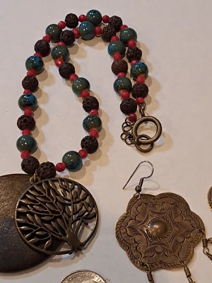 Colgante Árbol de la Vida con Collar de Cuentas Rojo Verde con Pendientes Latón Cuelga 2.5 Foto 1 de 4