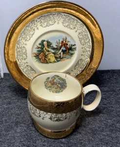 Antique 2 Pc Set Crest O Gold Courting Couple Sabin 22K Teacup & Saucer - Picture 1 of 6