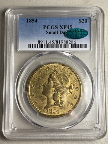 1854 $20 Gold Liberty Head Small Date - PCGS XF 45 - CAC Cover