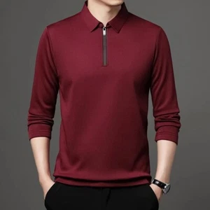 Men's Zipper Polo Shirt - Long Sleeve Fashion Tee with Turn-Down Collar - Picture 1 of 7
