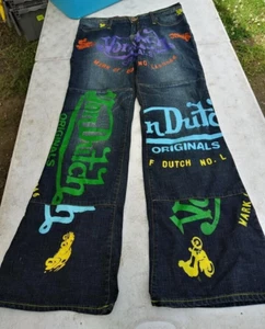 NEW Y2K Don Von Dutch Gasoline Garage Graffiti Women's Flared Leg Jeans Size 32 - Picture 1 of 7