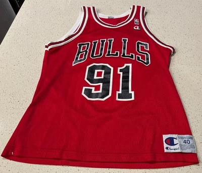 Camiseta masculina vintage anos 90 Chicago Bulls Rodman tamanho 40 vermelha #91 NBA Champion 20x28 - Imagem 1 de 4