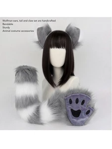 Grey/White Wolf Soft Faux Furry Animal Tail, Ears, Gloves Cosplay *BRAND NEW* - Picture 1 of 8