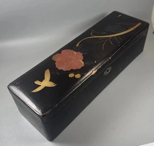 Vintage Japanese Lacquer Wood Box Hand Painted Floral Bird Design 11” - Picture 1 of 18