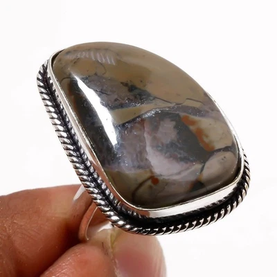 Anillo de joyería de regalo de boda étnico hecho a mano con piedras preciosas de jaspe de madera de cacahuete 8" PG 6540 Foto 1 de 3