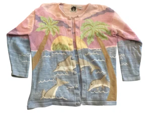 Cárdigan Storybook Knits para mujer talla 1X rosa tejido con cuentas delfín playa años 90 - Imagen 1 de 10
