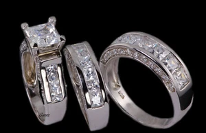 His & Hers Real 925 Princess cz Sterling Wedding Band Engagement Bridal Ring Set - Picture 1 of 4
