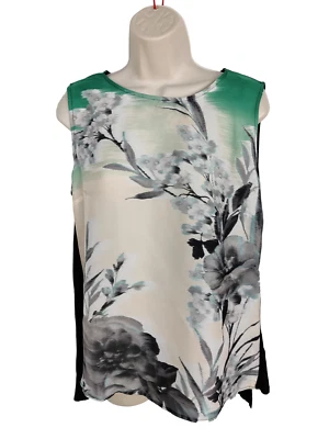 WOMENS OASIS SIZE LARGE L IVORY/BLACK FLORAL SLEEVELESS SUMMER CASUAL BLOUSE TOP - Image 1 of 4