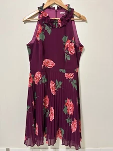 Review Womens Dress 14 Mulberry Rose Print High Ruffle Neck Pleated Full Skirt - Picture 1 of 8