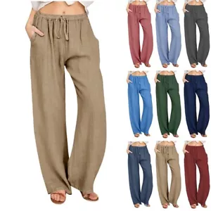 Women Cotton Linen Wide Leg Loose Palazzo Pant Pocket Elastic Waist Button Pants - Picture 1 of 39