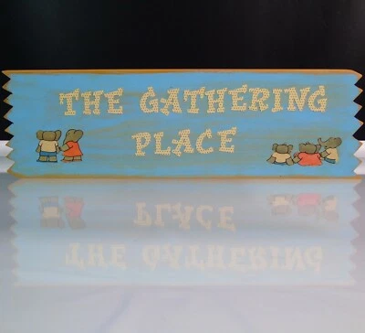 The Gathering Place Wall Plaque Cartoon Elephant Monica McCarthy 2006 Wood Sign  - Image 1 of 4