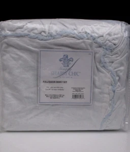 Simply Shabby Chic White/Blue Linen/Cotton Raw Edge Ruffled Duvet Set-Full/Queen - Picture 1 of 21
