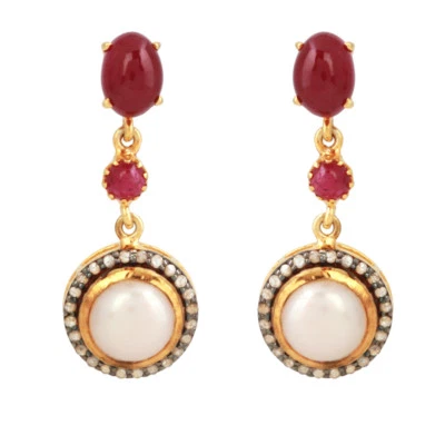 925 Silver Pearl Ruby Gemstone 14k Gold Dangle Earrings Diamond ChristmasJewelry - Image 1 of 4