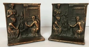 Vintage Bookends Set (2) Cast Metal Copper Clad Relief Spinning Wheel Loom EVC - Picture 1 of 6