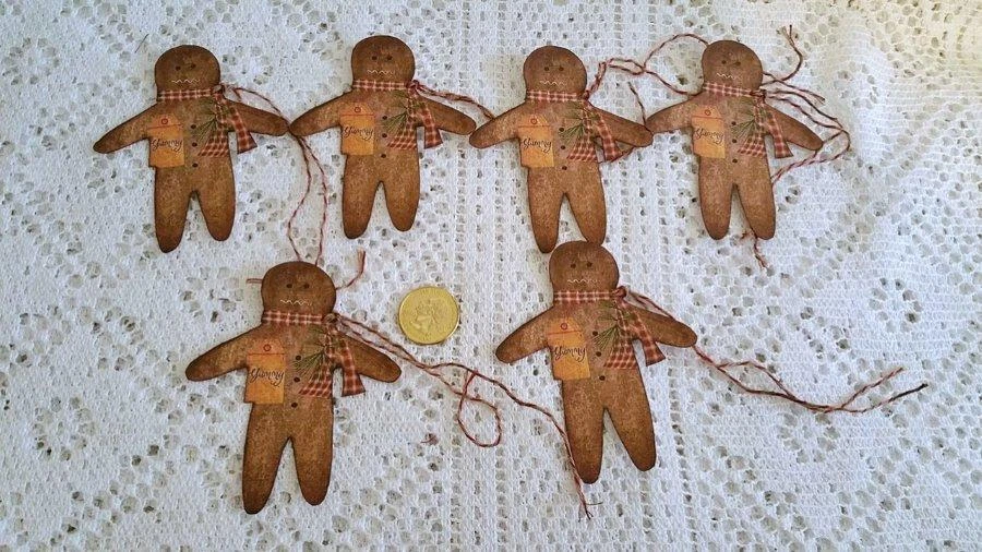 6-Christmas-Primitive-Gingerbread Man-Holiday-Linen Cardstock-Gift-Hang-Tags - Image 1 of 1