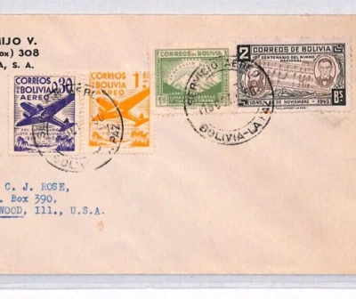 BOLIVIA Air Mail Cover La Paz 1950 USA IL Maywood {samwells-covers}YU92 - Image 1 of 4