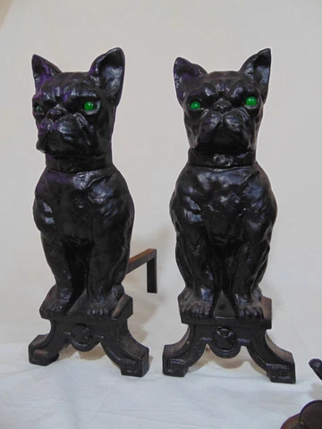 Vintage Cast Iron Bulldog Andirons Green Glass Eyes Cover