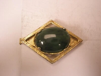 1-3/8" Green Jade Cabochon & Gold Tone Vintage SMALL Tie Bar Clip simple plain - Image 1 of 4