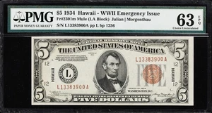 1934 $5 Hawaii WWII Emergency Issue FR-2301m PMG 63 PPQ  Mule Note - Picture 1 of 3