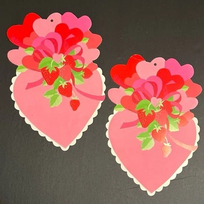 Vintage Strawberry Valentine Hearts 2 Die Cut Flocked Love Decor 12” Classroom - Image 1 of 3