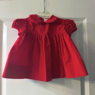 Vintage Red Velvet Baby Girl Dress Puffed Sleeve Peter Pan Collar 0-3 Months - Image 1 of 4