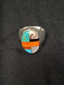 Anillo Navajo Nativo Americano Esterlina e Incrustación de Piedras Preciosas Talla 10 Firmado Estampado SS - Imagen 1 de 6