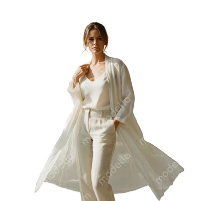 FLAX Designs DUSTER Long Open Jacket WHITE SEMI GAUZE Linen Jacket/Cardigan S - Image 1 of 4