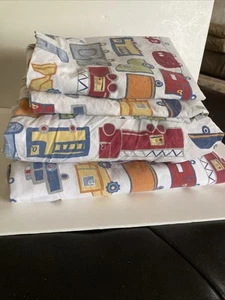 Pottery Barn Kids Transportation Queen Sheet Set Flat Fitted 2 Cases Car Truck - Picture 1 of 5