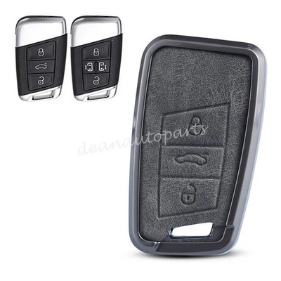 Metal Leather Car Key Fob Case Cover Shell For VW Jetta Tiguan Arteon Taos Atlas - Image 1 of 4