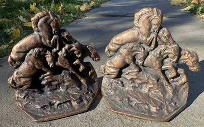 Vintage Bronze WILD HORSES Western Cowboy Bookends GIFT HOUSE 1926 Cast Iron - Image 1 of 4