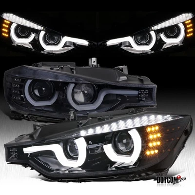 Fit 2012-2015 BMW F30 3-Series Black/Smoke LED Tube Halo Projector Headlights - Image 1 of 4