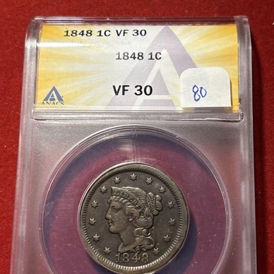 1848 Braided Hair Large Cent ANACS VF30 - Image 1 of 4