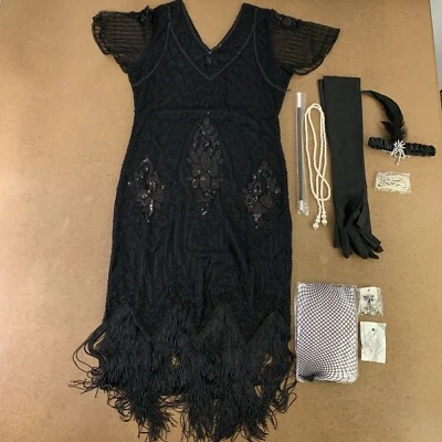 Women's Medium Black Sequin Fringe Flapper Dress & Accessory Set 9 Pieces New - Image 1 of 4