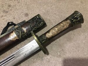 collectable Chinese Dragon phoenix Short Sword Foled pattern steel Brass Sheath