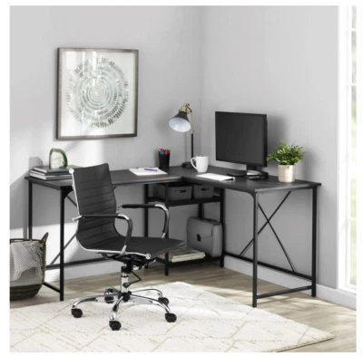 Escritorio convertible bidireccional con estante de almacenamiento inferior, granos de madera negra Foto 1 de 4