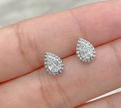 DEAL! 0.20 CTW NATURAL BAGUETTES DIAMOND PEAR DROP STUDS EARRINGS  14K GOLD - Image 1 of 4