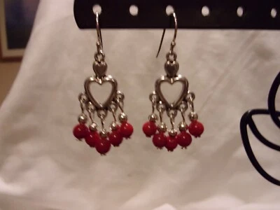 925 Natural Red Coral Small Hearts w/ Ball Hook Chandelier Earrings - Image 1 of 4
