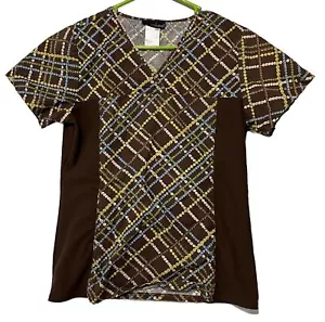 Cherokee Flexibles Scrub Top Women Sz Small Brown Colorful Stretch Side Panels - Picture 1 of 12