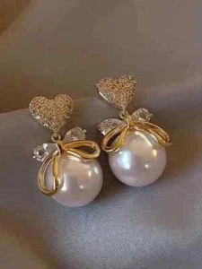 3.00Ct Round Cut Pearl Bow Heart Dangle Women's Earrings 14K Yellow Gold Plated - Picture 1 of 6