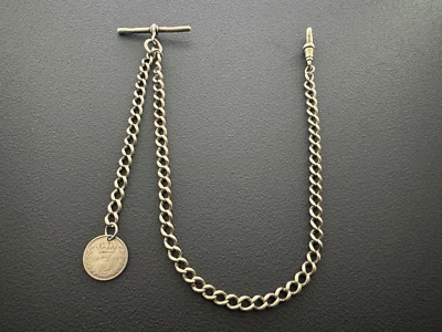 Antigua cadena de reloj Albert única de plata esterlina y llavero de moneda de la suerte 11 Foto 1 de 4