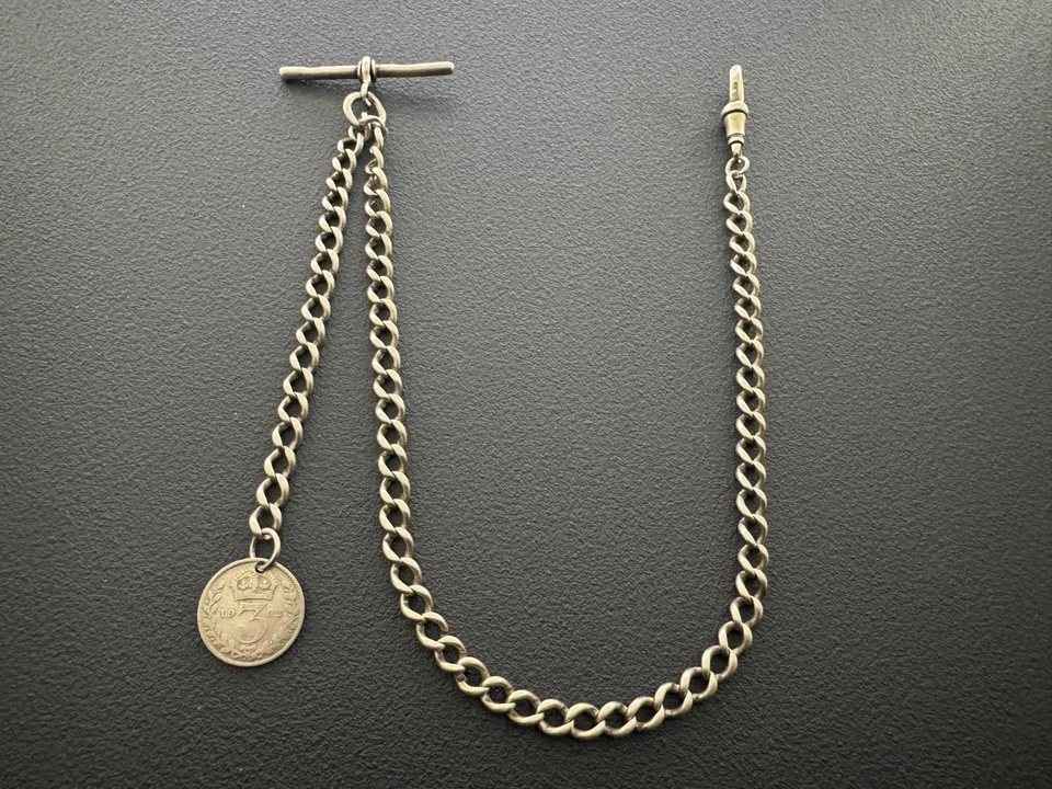Antigua cadena de reloj Albert única de plata esterlina y llavero de moneda de la suerte 11 Foto 1 de 4