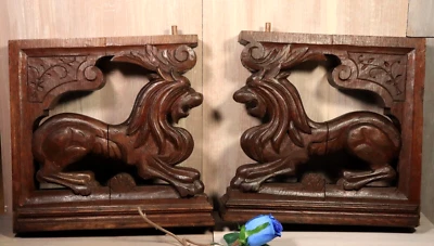 ENORME Antiguo Soportes de Pared Francés Ménsulas Talladas a Mano Madera de Roble PAR LEÓN Figura Foto 1 de 4